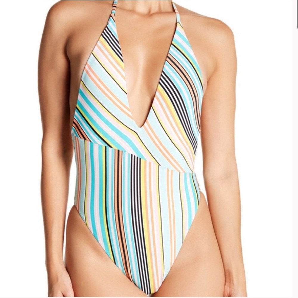 New Bikini Lab Small Blue, Orange Asymmetrical Plunge Halter One Piece Swim Suit